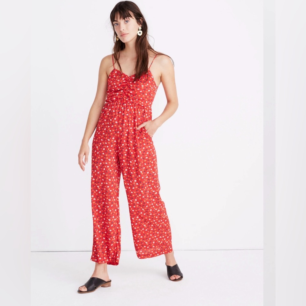 Madewell Ruched Wide-Leg Jumpsuit in‎ Prairie Posies Red Floral Print Size:6